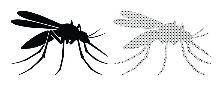 Mosquito vector icon set, black insect silhouette and halftone pattern design. Pest control, disease prevention, and summer outdoor activity graphic elements.