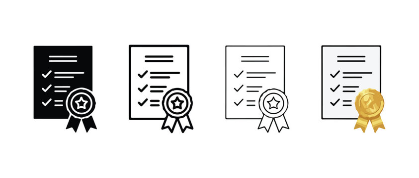 Certificate icons with checklists and ribbons in different colors and styles for quality guarantee and approval concepts
