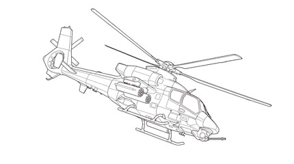 Fototapeta premium Military Attack Helicopter Line Art Vector Illustration of Tactical Gunship Aircraft