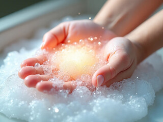 Fototapeta premium Hands Holding Bubbles Warm Glow in Bright Light