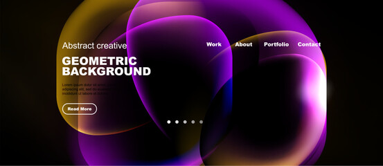 Naklejka premium Abstract website header design. Vibrant colors, geometric shapes, text elements present. Dark background enhances visual impact.