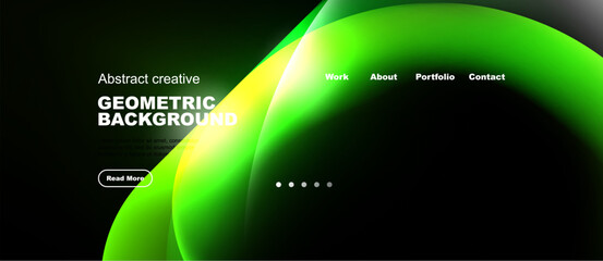 Naklejka premium Dynamic green abstract design. Website header features text, navigation, dots. Modern aesthetic, vibrant colors, smooth gradients present.