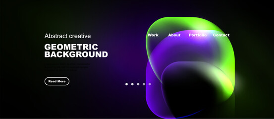 Naklejka premium Modern website mockup features vibrant abstract shapes, dark background. Navigation includes work, about, portfolio, contact options.
