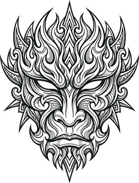 Tribal-style of a face with flame-like hair and beard