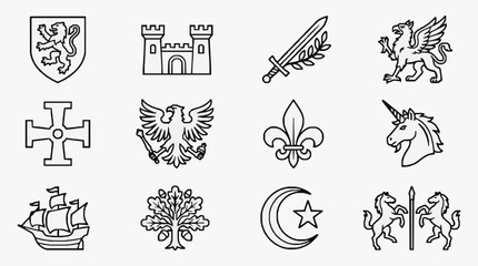 Professional Black and White Icons Set of Medieval and Heraldic Symbols for Stock Use with high quality professional line art symbols for modern creative design and digital branding projects © Lina