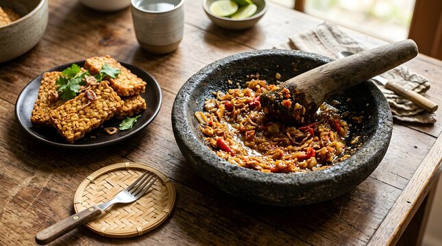 Traditional Indonesian Fried Tempeh with Sambal Bawang on Rustic Wooden Table