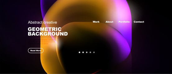 Naklejka premium Abstract design features vibrant orange, purple shapes. Dark background highlights text, navigation elements. Modern aesthetic.