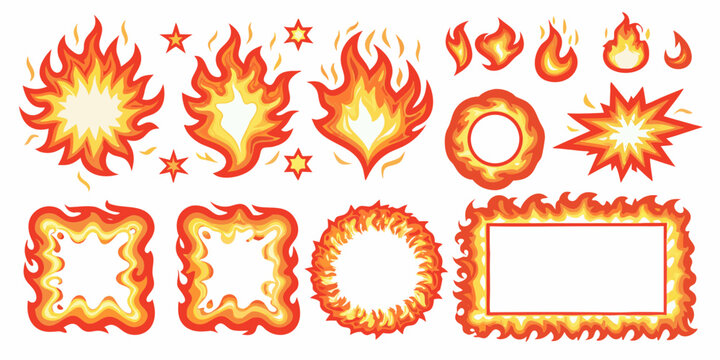 cartoon fire elements collection including frame on white background flame explosion spark burning heat vector illustration graphic design icon symbol artwork