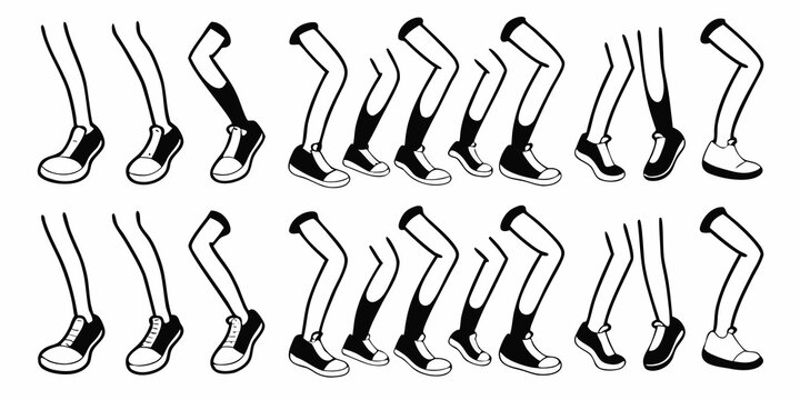 cartoon legs and feet in various dynamic poses black and white line art illustration vector graphic character design animation sketch drawing