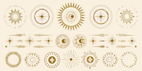 celestial gold dividers and circular frames featuring sunburst patterns vector illustration beige background ornamental design graphic element decoration icon symbol astronomy © Tapas