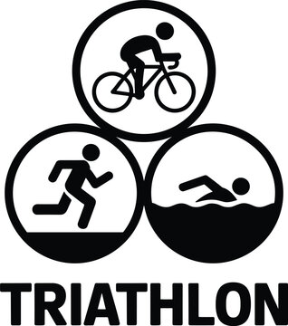 Triathlon sports with three circles containing silhouettes of a cyclist, a runner, and a swimmer, isolated on a white background