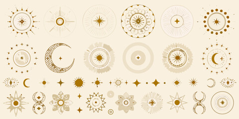 celestial gold dividers and circular frames featuring sun moon stars vector illustration astronomy cosmic ornament pattern design graphic art icon symbol © Tapas