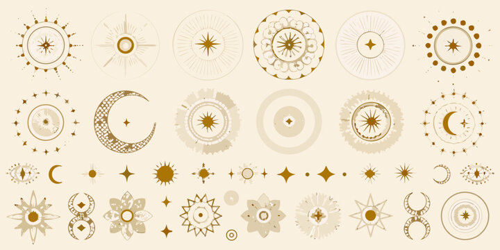 celestial gold dividers and circular frames featuring sun moon stars vector illustration astronomy cosmic ornament pattern design graphic art icon symbol