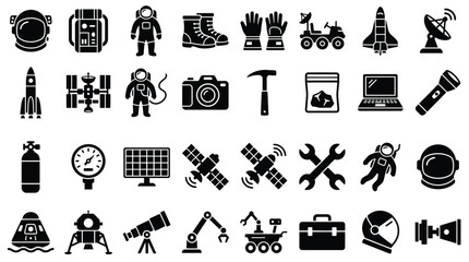 Large collection of black solid icons for space exploration including astronaut gear, spacecraft, satellites, lunar rovers, telescopes, and rockets isolated on a white background. © Saida Nahdhoh