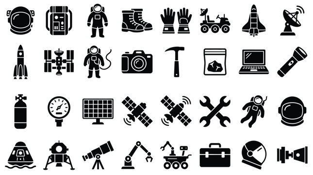 Large collection of black solid icons for space exploration including astronaut gear, spacecraft, satellites, lunar rovers, telescopes, and rockets isolated on a white background.