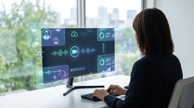 Woman working at computer with holographic data interfaces, cloud computing, network connection, video conference, audio wave, business analytics, future technology workspace