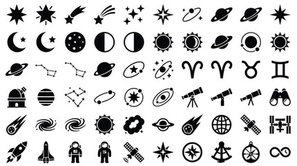 Large collection of black astronomy and space icons including planets, stars, zodiac symbols, astronauts, telescopes, satellites, and galaxies in a clean minimalist silhouette vector style. © Saida Nahdhoh