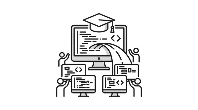 Dynamic Black and White of Online Education and Coding Collaboration with Graduation Hat with high quality professional line art symbols for modern creative design and digital branding projects