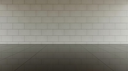 Fototapeta premium Minimalist tiled wall and reflective tiled floor with soft gradient lighting, calm atmosphere