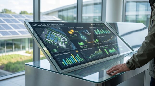 Smart energy management system dashboard displaying renewable generation data and consumption metrics on large touchscreen interface in modern building with solar panels visible