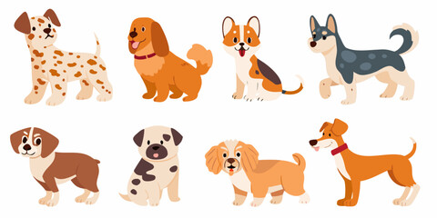 Obraz premium cute cartoon dog breeds collection in flat vector style on white background dogs illustration canine puppy animal design graphic artwork character