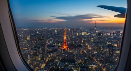 Fototapeta premium Aerial View of a City Skyline During Sunset from Airplane Window.