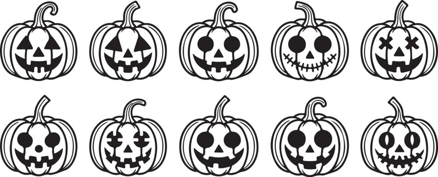 12 Halloween pumpkin icons set. Vintage funny pumpkins isolated on white background. Monsters faces. Design elements for logo, badges, banners, labels, posters. Vector illustration