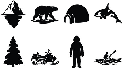 Arctic expedition and polar wildlife vector silhouette icon set featuring iceberg polar bear igloo and orca whale in image_c1b61e.png © MstRowshan