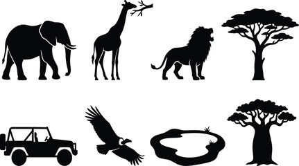 African safari wildlife vector silhouette icon set featuring elephant giraffe lion jeep and baobab tree in image_c1b297.png © MstRowshan