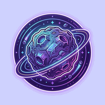 Stylized purple planet with rings in a circular cosmic frame