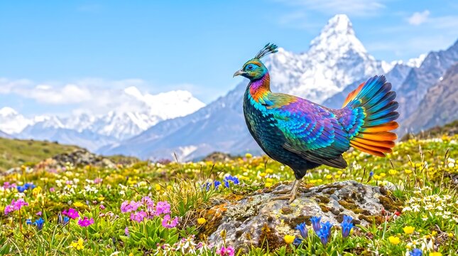 Himalayan Monal bird in a field of wildflowers with mountains