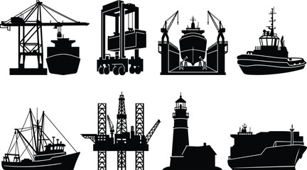 Obraz premium Industrial maritime shipping and seaport logistics silhouette icons set including cargo vessels gantry cranes and lighthouse