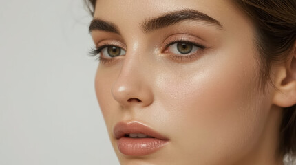 Fototapeta premium Dewy close up of natural makeup on flawless skin with soft lighting and serene expression