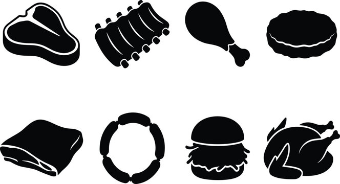 Set of black meat and barbecue food silhouettes including steak ribs chicken drumstick burger and sausage links
