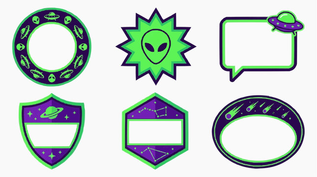 A collection of alien-themed graphic frames and elements, including UFOs, aliens, planets, and stars. These colorful designs are perfect for adding a touch of outer space flair to various projects