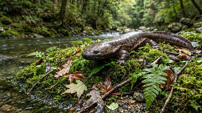 Giant salamander on mossy riverbank in lush forest