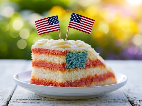 Patriotic layer cake slice decorated with small american flags for holiday celebration