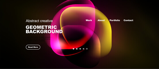 Naklejka premium Abstract design features vibrant overlapping shapes. Dark background highlights colorful elements, text, navigation options. Modern aesthetic.