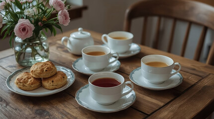 Fototapeta premium Rustic porcelain tea cups scone afternoon cozy table with flowers
