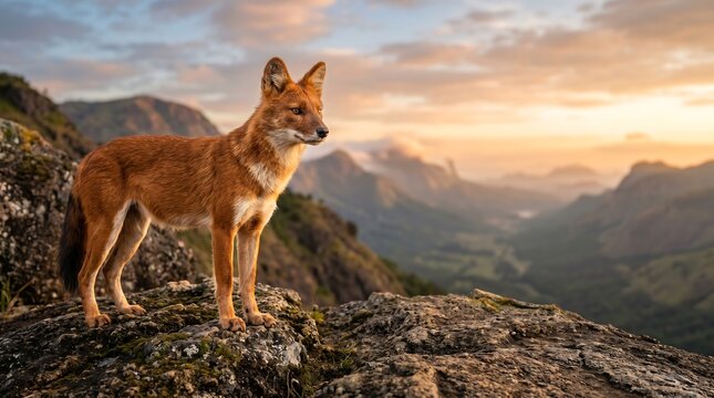 Dhole wild dog standing on rocky outcrop at sunrise
