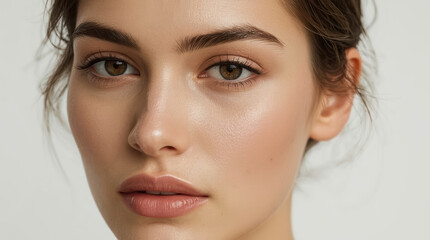 Fototapeta premium Dewy skin macro beauty portrait with natural makeup and soft lighting expressing calm confidence