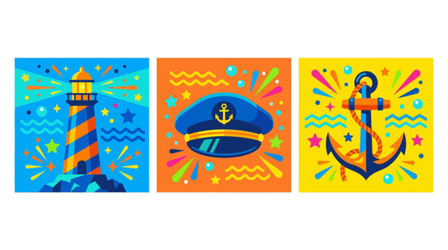 Set of colorful maritime icons including a lighthouse captain hat and anchor.