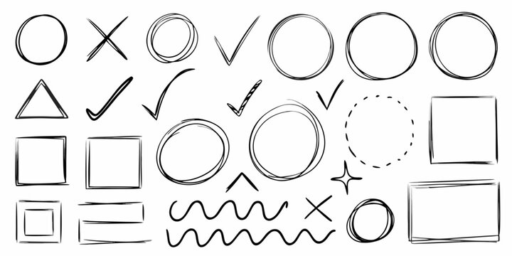sketchy arrows circles frames and doodles line art on white background shapes triangles squares checks waves x marks dots dashed lines scribbles