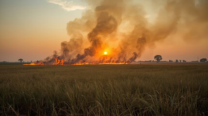 Fototapeta premium Wild grassland fire spreading across open field at sunset, dramatic smoke and glow