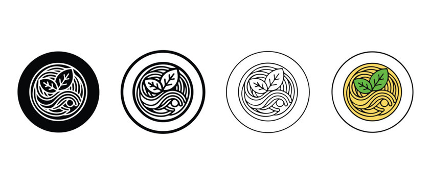 noodle icons with basil on top in a plate  simple line style food illustrations