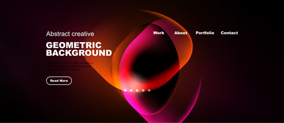 Naklejka premium Dark background features vibrant abstract shapes, text elements, navigation menu. Modern design promotes creativity, geometric patterns.
