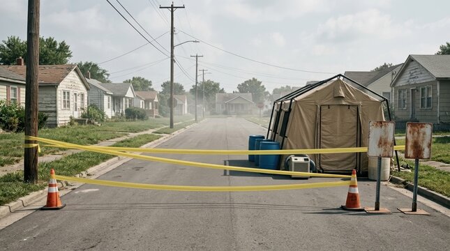 Deserted neighborhood road sealed with yellow biohazard tape, weathered warning signs, and a small decontamination tent beside empty houses, suggesting a rodent-borne virus containment zone after an