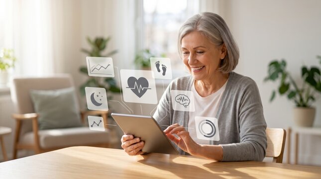 Senior woman using health monitoring app on tablet at home, digital healthcare and telemedicine concept, wellness tracking, heart rate and sleep analysis, active aging lifestyle