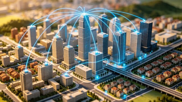 Miniature smart city model with glowing blue network connections between buildings representing IoT technology and urban digital infrastructure system