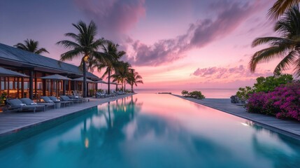 Fototapeta premium Luxury infinity pool at tropical resort during a vibrant pink and purple sunset